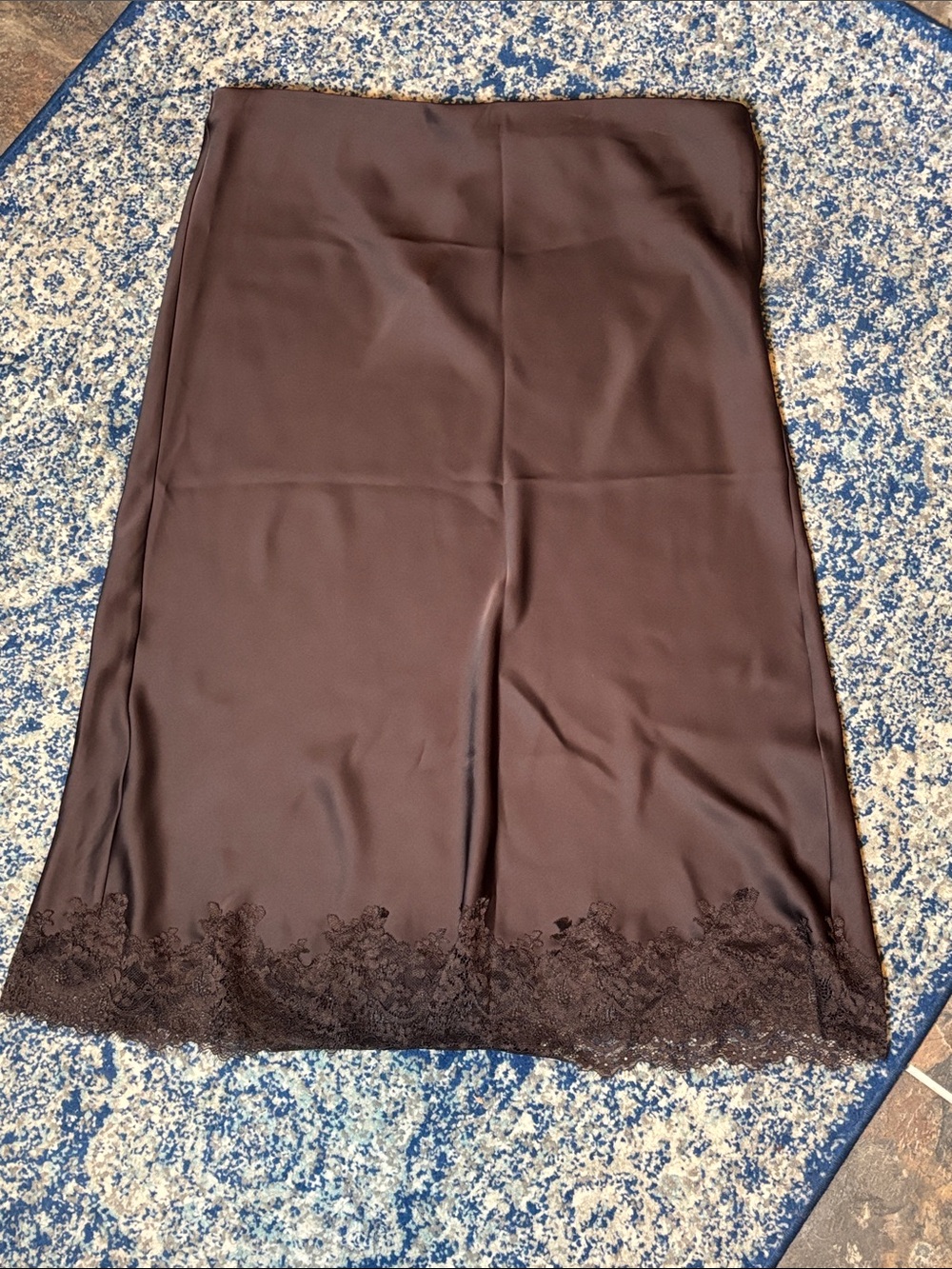 Dynamite Brown Satin Lace-Hem Skirt, Size XL.